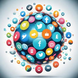 An inventive poster depicting the world as spheres of various social media icons, symbolizing the constant digital interconnectivity and global influence of these platforms.