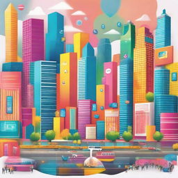 A lively poster showcasing a vibrant cityscape packed with dazzling digital screens displaying social media app icons, symbolizing a society integrated with social media.