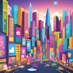 A lively poster showcasing a vibrant cityscape packed with dazzling digital screens displaying social media app icons, symbolizing a society integrated with social media.