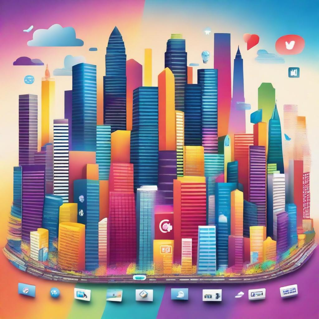 A lively poster showcasing a vibrant cityscape packed with dazzling digital screens displaying social media app icons, symbolizing a society integrated with social media.