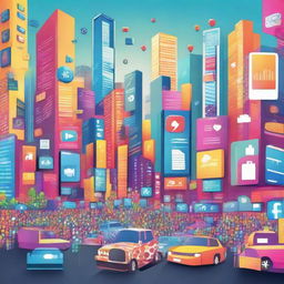 A lively poster showcasing a vibrant cityscape packed with dazzling digital screens displaying social media app icons, symbolizing a society integrated with social media.