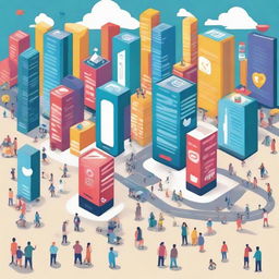 An engaging poster illustrating a city filled with humans interacting with larger-than-life social media app icons, symbolizing the profound impact of these digital platforms on city life and human interaction.