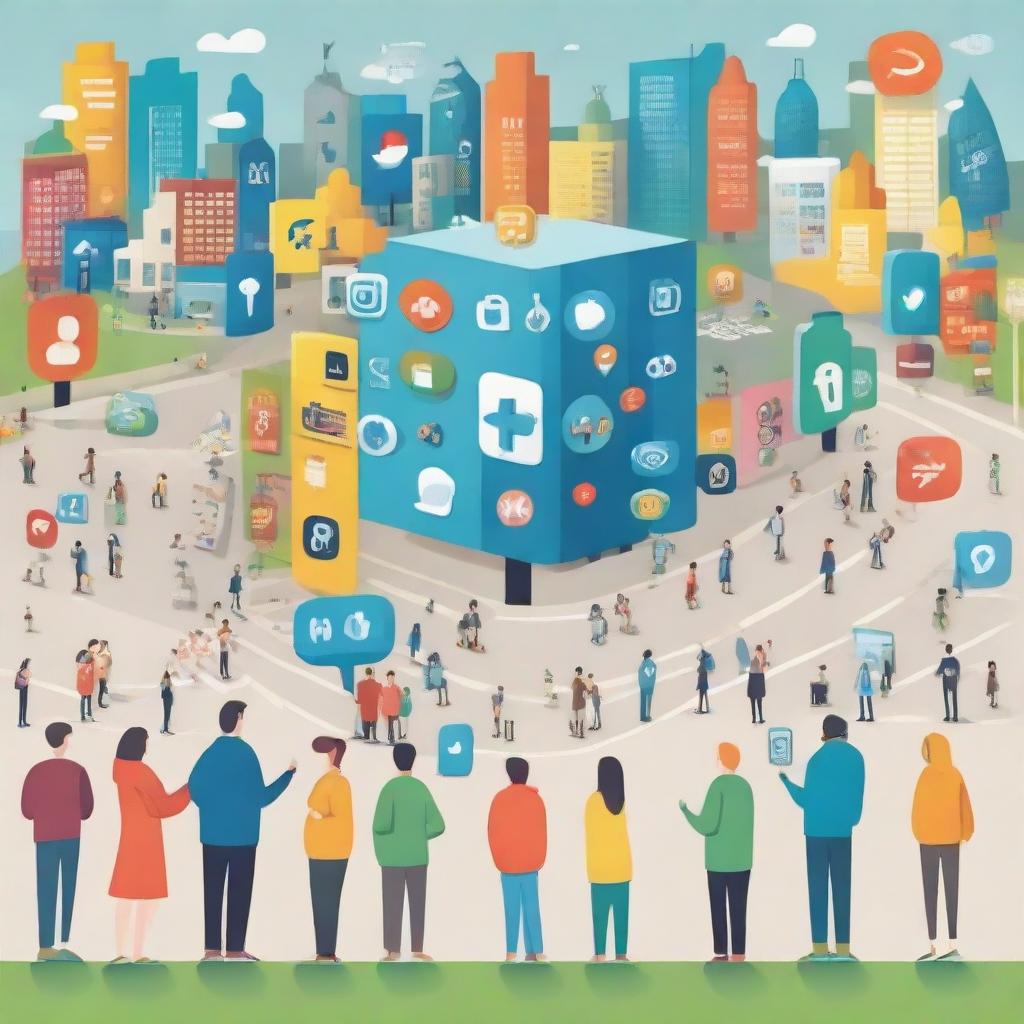 An engaging poster illustrating a city filled with humans interacting with larger-than-life social media app icons, symbolizing the profound impact of these digital platforms on city life and human interaction.