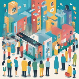 An engaging poster illustrating a city filled with humans interacting with larger-than-life social media app icons, symbolizing the profound impact of these digital platforms on city life and human interaction.