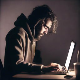 A poignant image of a visibly distressed individual engrossed in their computer, surrounded by the soft, cold glow of the screen. The isolation and despair prevalent in the atmosphere are tangibly depicted.