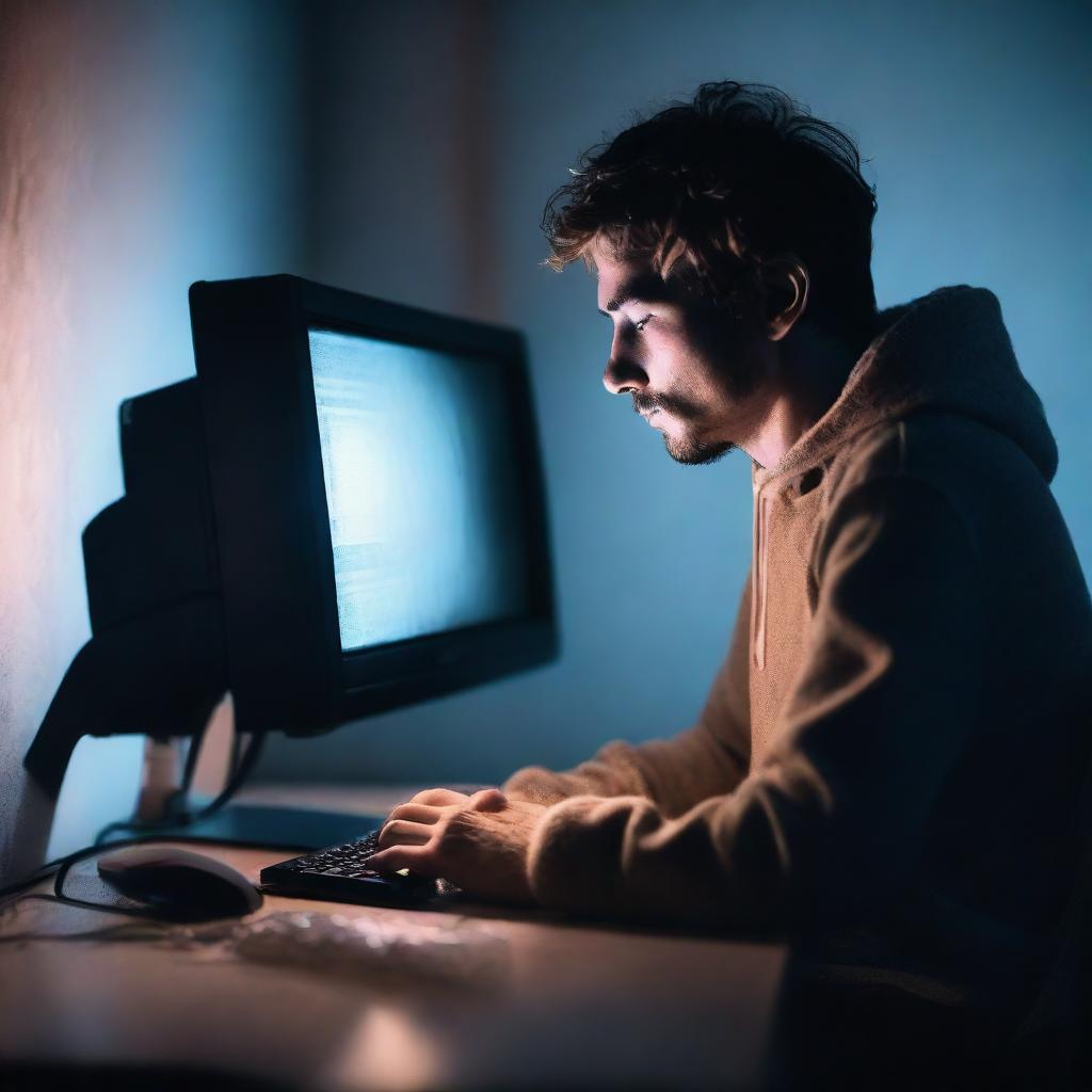 A poignant image of a visibly distressed individual engrossed in their computer, surrounded by the soft, cold glow of the screen. The isolation and despair prevalent in the atmosphere are tangibly depicted.