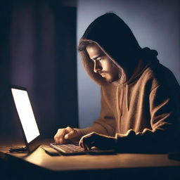 A poignant image of a visibly distressed individual engrossed in their computer, surrounded by the soft, cold glow of the screen. The isolation and despair prevalent in the atmosphere are tangibly depicted.