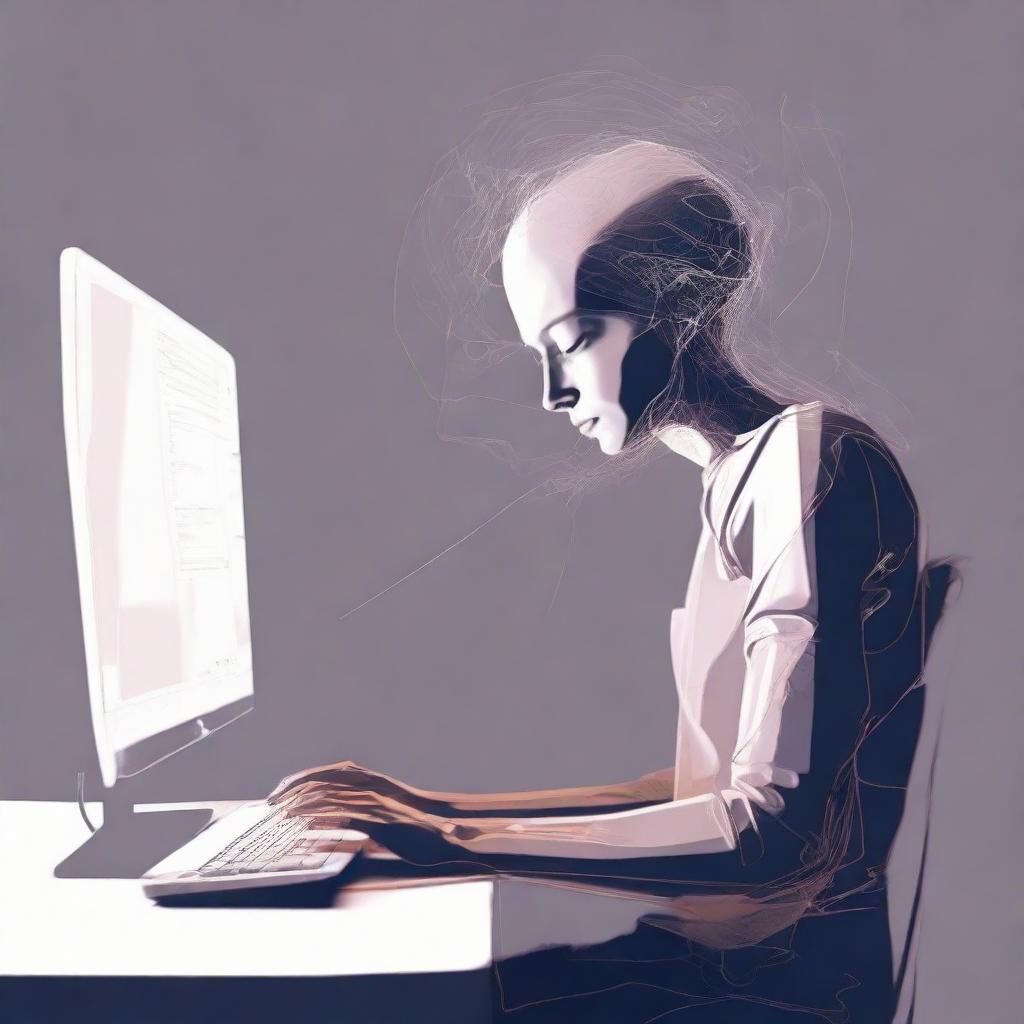 An evocative digital art e-poster representing a despondent individual absorbed in their computer. The use of muted colors, wispy forms and distorted reflections to emphasize the mood of emotional distress.