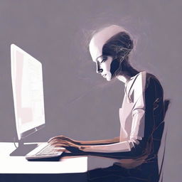 An evocative digital art e-poster representing a despondent individual absorbed in their computer. The use of muted colors, wispy forms and distorted reflections to emphasize the mood of emotional distress.