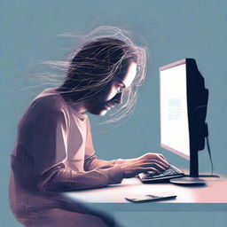 An evocative digital art e-poster representing a despondent individual absorbed in their computer. The use of muted colors, wispy forms and distorted reflections to emphasize the mood of emotional distress.