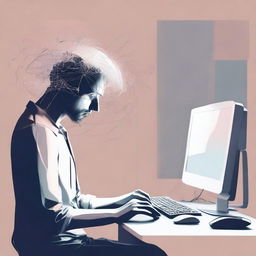 An evocative digital art e-poster representing a despondent individual absorbed in their computer. The use of muted colors, wispy forms and distorted reflections to emphasize the mood of emotional distress.