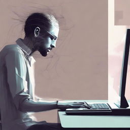 An evocative digital art e-poster representing a despondent individual absorbed in their computer. The use of muted colors, wispy forms and distorted reflections to emphasize the mood of emotional distress.