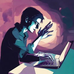 An expressive digital art e-poster portraying a saddened individual at their computer with ethereal hands reaching out from the screen. Use surreal elements and deep, muted colors to intensify the atmosphere of despair and longing.