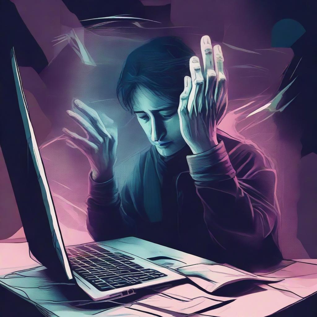 An expressive digital art e-poster portraying a saddened individual at their computer with ethereal hands reaching out from the screen. Use surreal elements and deep, muted colors to intensify the atmosphere of despair and longing.