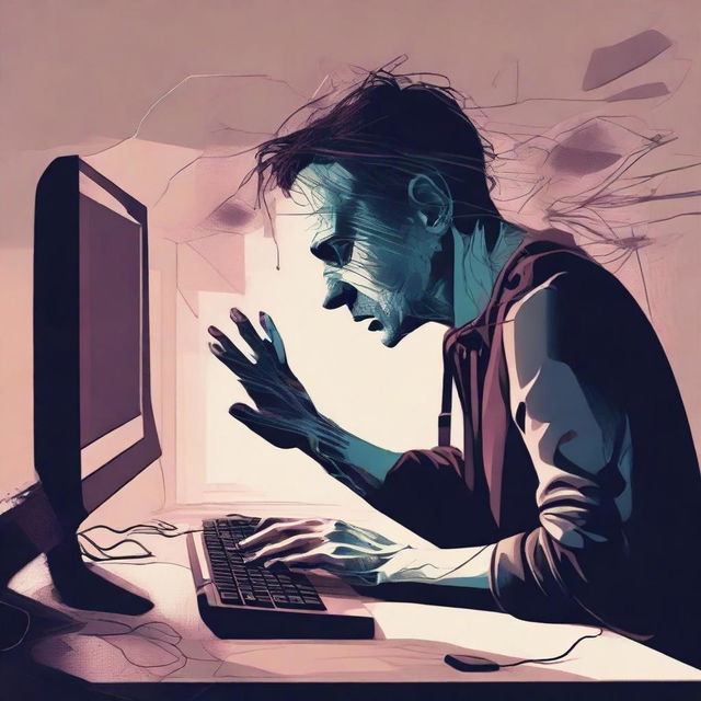 An expressive digital art e-poster portraying a saddened individual at their computer with ethereal hands reaching out from the screen. Use surreal elements and deep, muted colors to intensify the atmosphere of despair and longing.