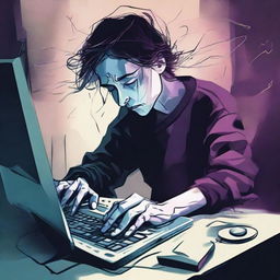 An expressive digital art e-poster portraying a saddened individual at their computer with ethereal hands reaching out from the screen. Use surreal elements and deep, muted colors to intensify the atmosphere of despair and longing.