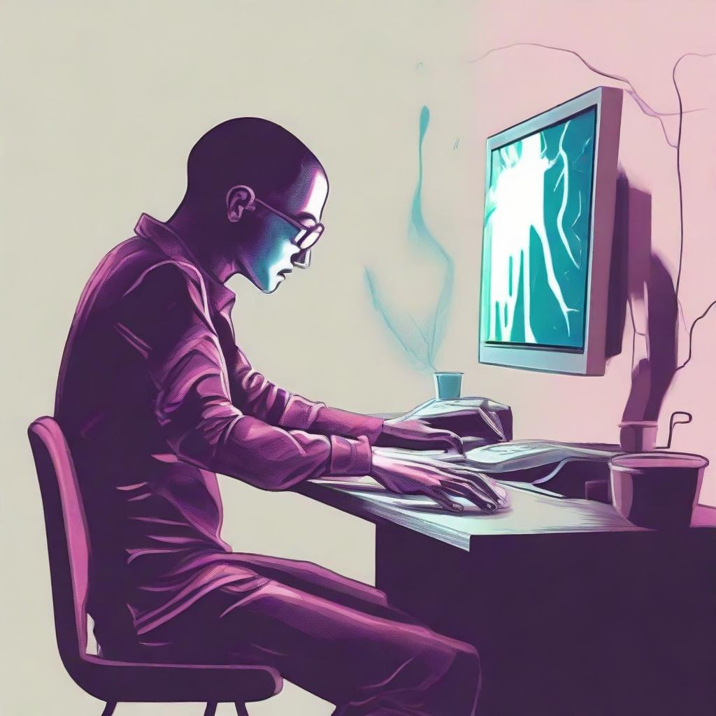 A digital art e-poster depicting a disheartened individual at their computer, with spectral hands ominously reaching out from the monitor. Use melancholic color palette and surreal imagery to enhance the mood of desolation and anxiety.