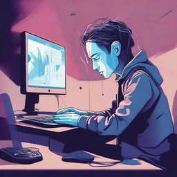 A digital art e-poster depicting a disheartened individual at their computer, with spectral hands ominously reaching out from the monitor. Use melancholic color palette and surreal imagery to enhance the mood of desolation and anxiety.