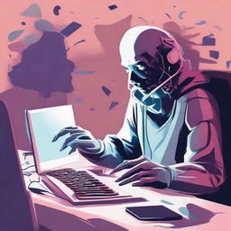 A digital art e-poster depicting a disheartened individual at their computer, with spectral hands ominously reaching out from the monitor. Use melancholic color palette and surreal imagery to enhance the mood of desolation and anxiety.