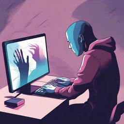 A digital art e-poster depicting a disheartened individual at their computer, with spectral hands ominously reaching out from the monitor. Use melancholic color palette and surreal imagery to enhance the mood of desolation and anxiety.