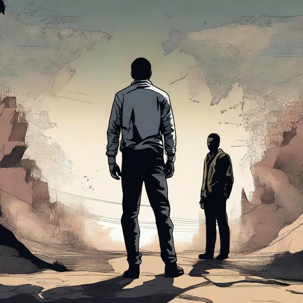 A high-quality digital art image featuring a determined individual standing against the backdrop of two conflicting states