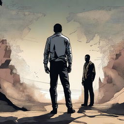 A high-quality digital art image featuring a determined individual standing against the backdrop of two conflicting states