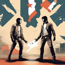 A high-quality digital art image featuring a determined individual standing against the backdrop of two conflicting states