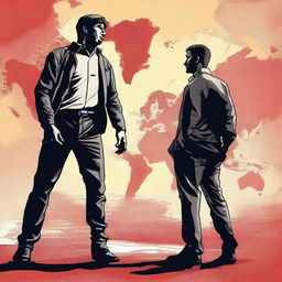 A high-quality digital art image featuring a determined individual standing against the backdrop of two conflicting states