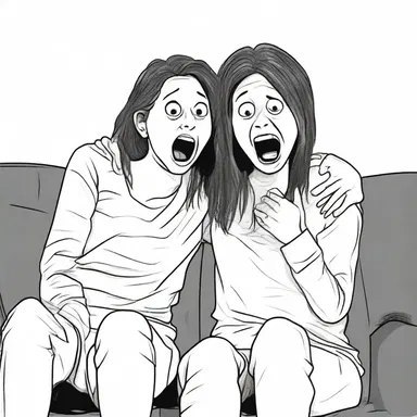 The two friends watched a scary movie together, clutching each other tightly and screaming mutually at every jump scare.