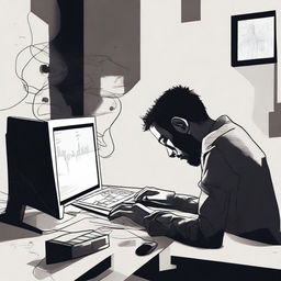 A striking digital art e-poster of a desolate individual at their computer, seemingly being pulled towards the monitor by unseen forces. Use dark shading, distorted visual perspective, and high contrast to convey a powerful sense of anxiety and addiction.