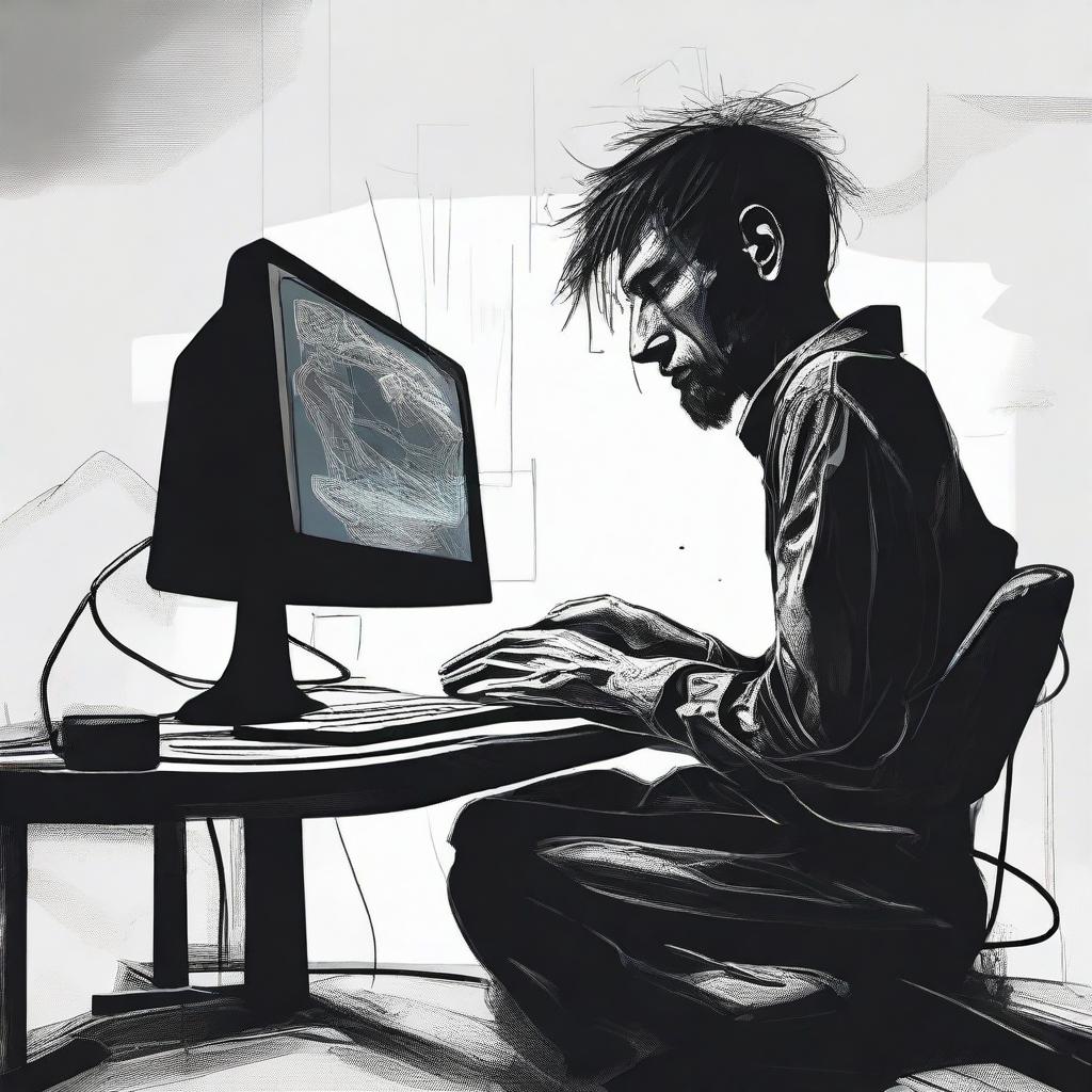 A striking digital art e-poster of a desolate individual at their computer, seemingly being pulled towards the monitor by unseen forces. Use dark shading, distorted visual perspective, and high contrast to convey a powerful sense of anxiety and addiction.