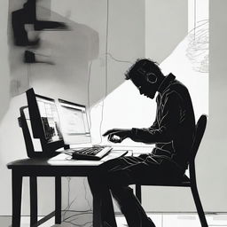 A striking digital art e-poster of a desolate individual at their computer, seemingly being pulled towards the monitor by unseen forces. Use dark shading, distorted visual perspective, and high contrast to convey a powerful sense of anxiety and addiction.