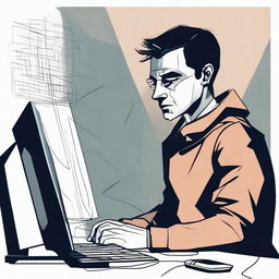 A dramatic digital art e-poster depicting a despondent man at his computer, appearing to be drawn in by the monitor. Use a melancholic color scheme, warped perspective, and sharp contrast to illustrate a strong sense of virtual entrapment and despair.