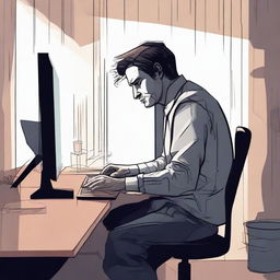 A dramatic digital art e-poster depicting a despondent man at his computer, appearing to be drawn in by the monitor. Use a melancholic color scheme, warped perspective, and sharp contrast to illustrate a strong sense of virtual entrapment and despair.