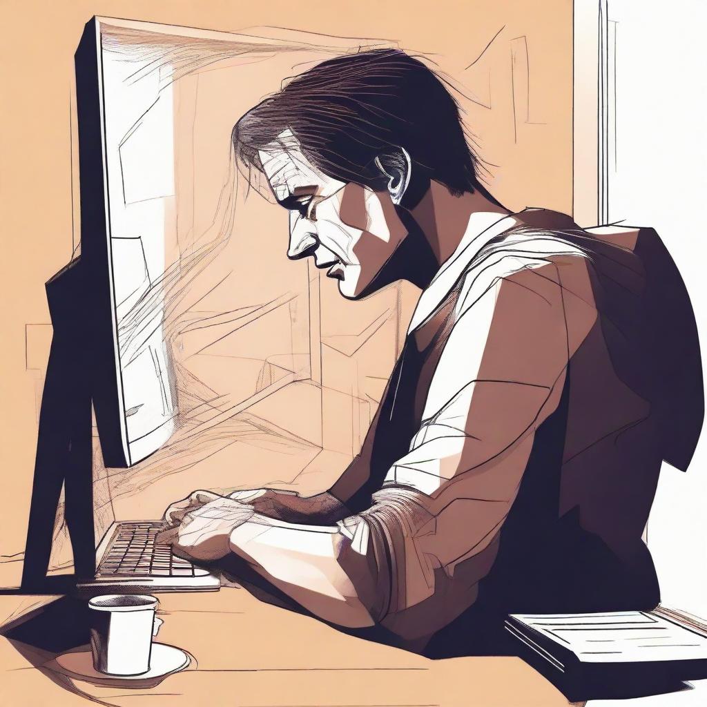 A dramatic digital art e-poster depicting a despondent man at his computer, appearing to be drawn in by the monitor. Use a melancholic color scheme, warped perspective, and sharp contrast to illustrate a strong sense of virtual entrapment and despair.