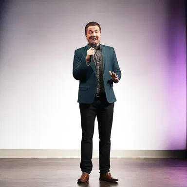 During the comedy show, the comedian professes his hilarious sense of humor to entertain the audience.