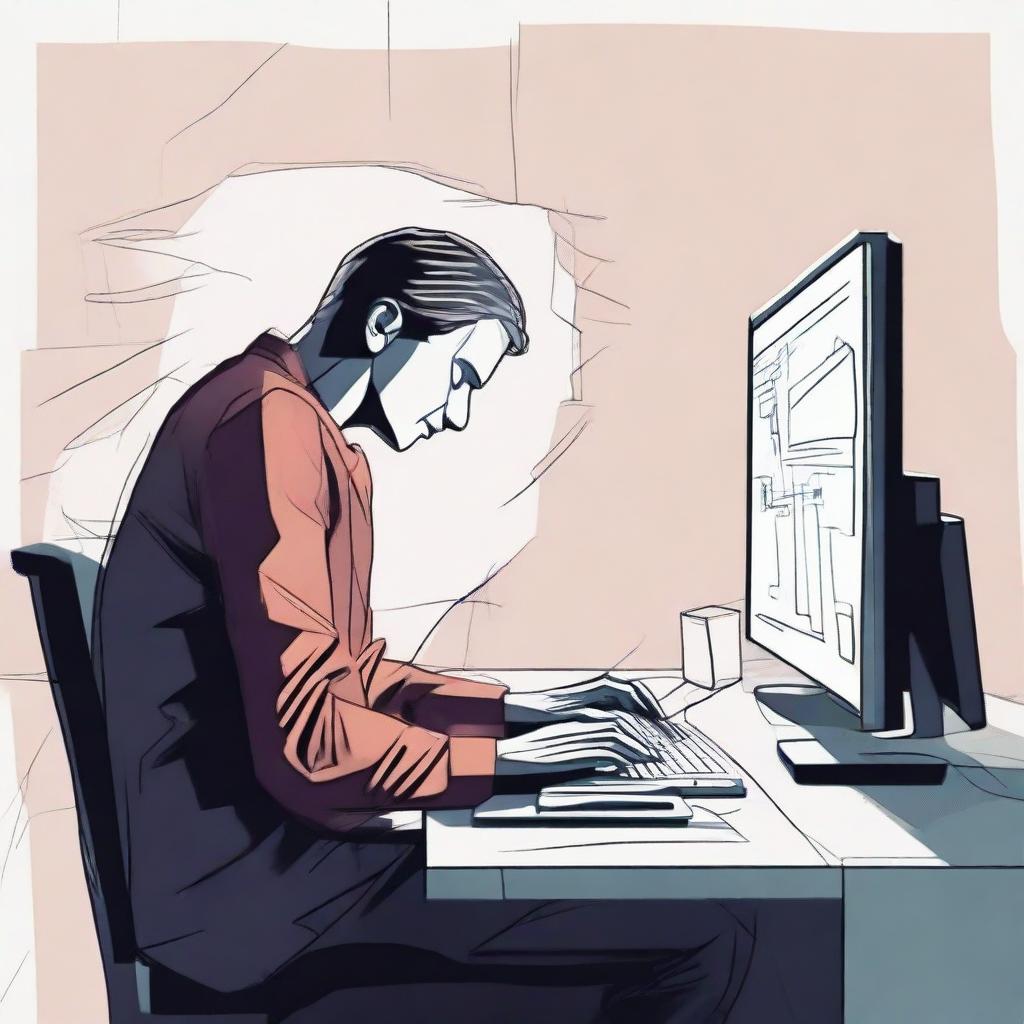 A dramatic digital art e-poster depicting a despondent man at his computer, appearing to be drawn in by the monitor. Use a melancholic color scheme, warped perspective, and sharp contrast to illustrate a strong sense of virtual entrapment and despair.