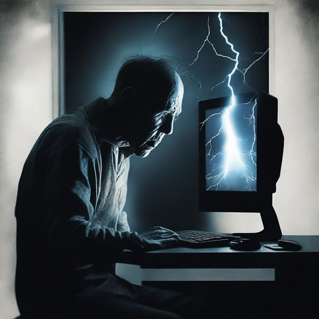 A haunting digital art e-poster capturing a tormented man seemingly sucked into his computer monitor. Infuse unsettling elements, eerie lightning and distortion effects to evoke a palpable sense of terror and depression.