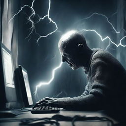 A haunting digital art e-poster capturing a tormented man seemingly sucked into his computer monitor. Infuse unsettling elements, eerie lightning and distortion effects to evoke a palpable sense of terror and depression.