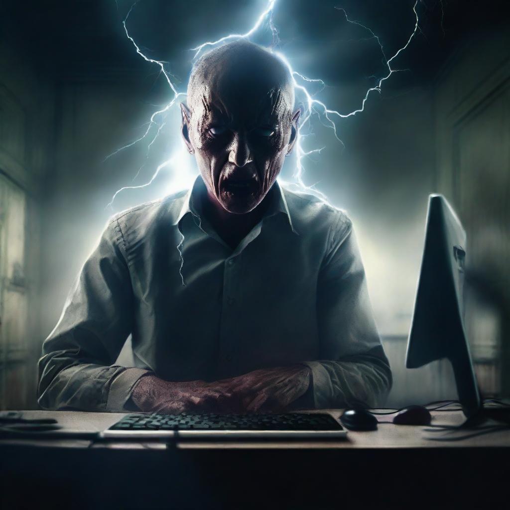 A haunting digital art e-poster capturing a tormented man seemingly sucked into his computer monitor. Infuse unsettling elements, eerie lightning and distortion effects to evoke a palpable sense of terror and depression.