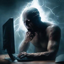 A haunting digital art e-poster capturing a tormented man seemingly sucked into his computer monitor. Infuse unsettling elements, eerie lightning and distortion effects to evoke a palpable sense of terror and depression.