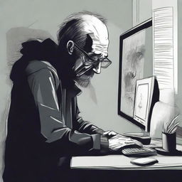 A chilling digital art e-poster featuring a paranoid man at his computer, being drawn eerily into the monitor. Use dark tones, intense shadows, and distorted imagery to instill feelings of terror and anxiety.