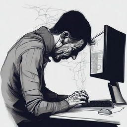 A chilling digital art e-poster featuring a paranoid man at his computer, being drawn eerily into the monitor. Use dark tones, intense shadows, and distorted imagery to instill feelings of terror and anxiety.