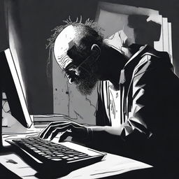 A chilling digital art e-poster featuring a paranoid man at his computer, being drawn eerily into the monitor. Use dark tones, intense shadows, and distorted imagery to instill feelings of terror and anxiety.