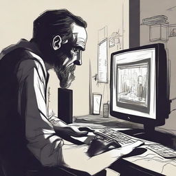 A chilling digital art e-poster featuring a paranoid man at his computer, being drawn eerily into the monitor. Use dark tones, intense shadows, and distorted imagery to instill feelings of terror and anxiety.