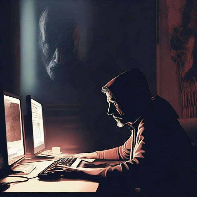 A menacing digital art e-poster displaying a paranoid man intensely staring into his computer screen against a creepy, horror-inspired backdrop. Incorporate elements like looming shadows, ghostly apparitions, unsettling colors to enhance the sense of dread.