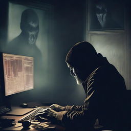 A menacing digital art e-poster displaying a paranoid man intensely staring into his computer screen against a creepy, horror-inspired backdrop. Incorporate elements like looming shadows, ghostly apparitions, unsettling colors to enhance the sense of dread.