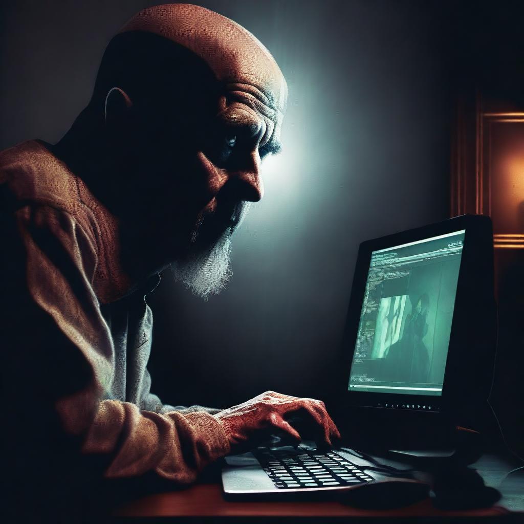 A menacing digital art e-poster displaying a paranoid man intensely staring into his computer screen against a creepy, horror-inspired backdrop. Incorporate elements like looming shadows, ghostly apparitions, unsettling colors to enhance the sense of dread.