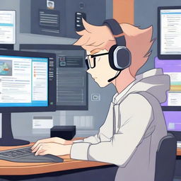 A diligent Discord moderator in front of a computer screen filled with multiple chat windows, looking focused and professional