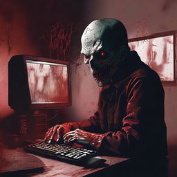 A petrifying digital art e-poster of a paranoid man fixated on his computer, set against a deeply terrifying background. Intensify the horror by adding elements such as blood-chilling shadows, spectral figures, and unsettling distortions.